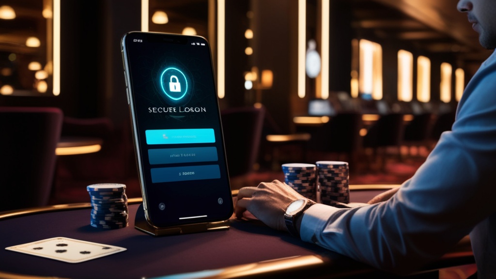 Schermata di login su smartphone in un casinò scuro e luminoso