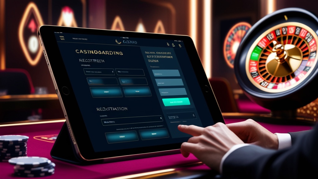 Sequenza di registrazione su tablet in un casinò dall'atmosfera scura